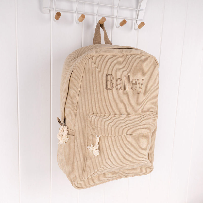 Personalised beige corduroy backpack with embroidered name