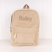Beige kids corduroy backpack with chocolate brown lining