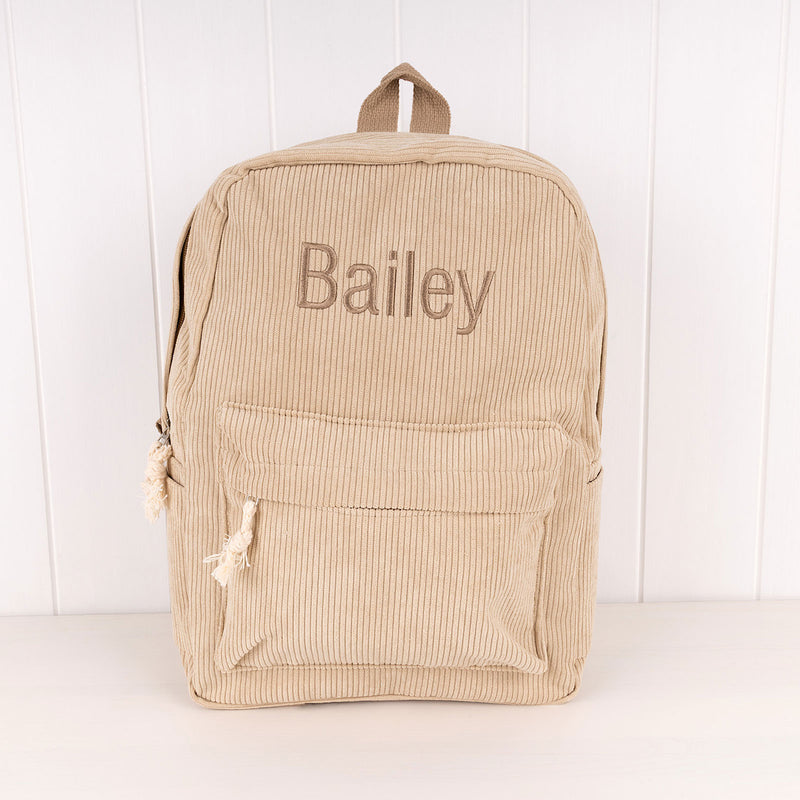 Beige kids corduroy backpack with chocolate brown lining
