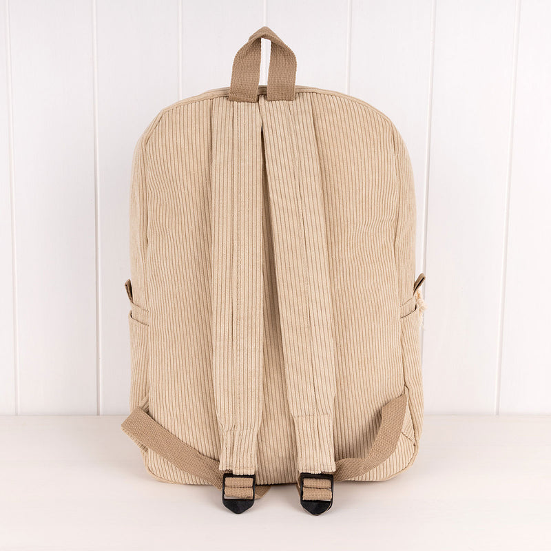 Beige corduroy kids backpack with adjustable padded straps