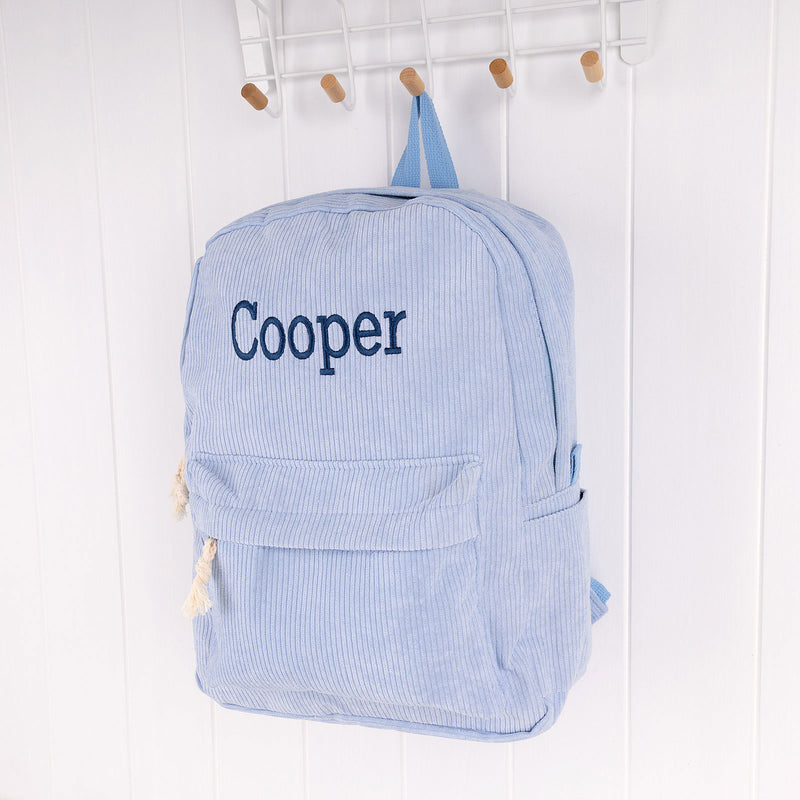 Personalised baby blue corduroy backpack with embroidered name