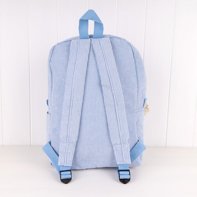 Kids baby blue backpack with chocolate brown lining and padded straps