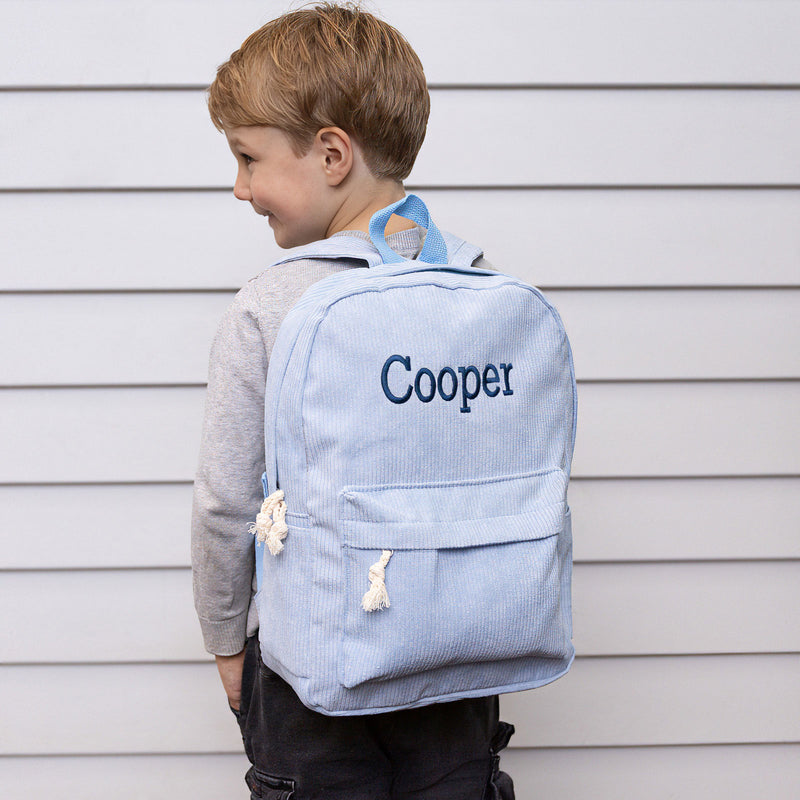 Personalised baby blue corduroy backpack for daycare and preschool