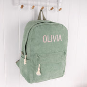 Personalised sage corduroy backpack with embroidered name