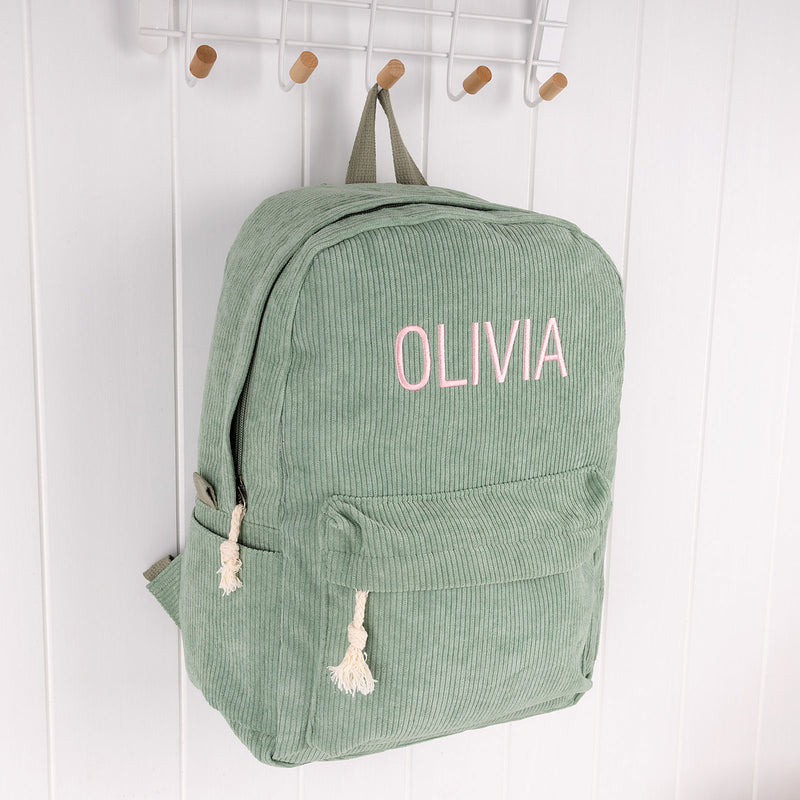 Personalised sage corduroy backpack with embroidered name