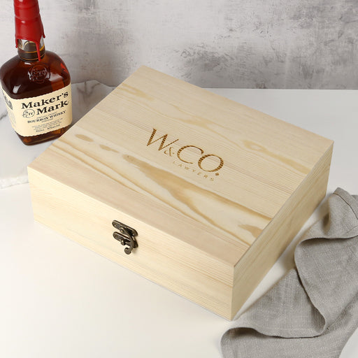 Custom Engraved Corporate Company Wooden Box With Scotch Decanter and Whiskey Glasses