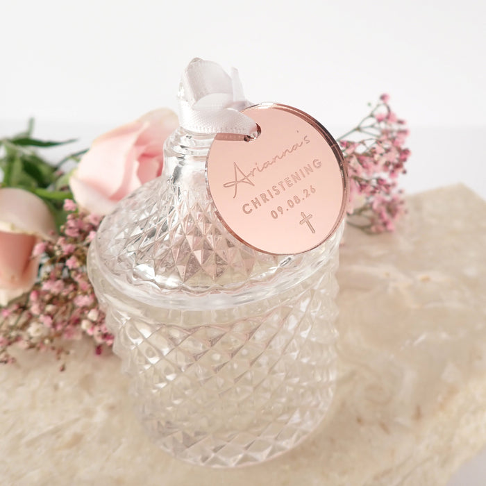 Customised Engraved Name Christening Rose Gold Round Gift Tag with Crystal Jar Favour