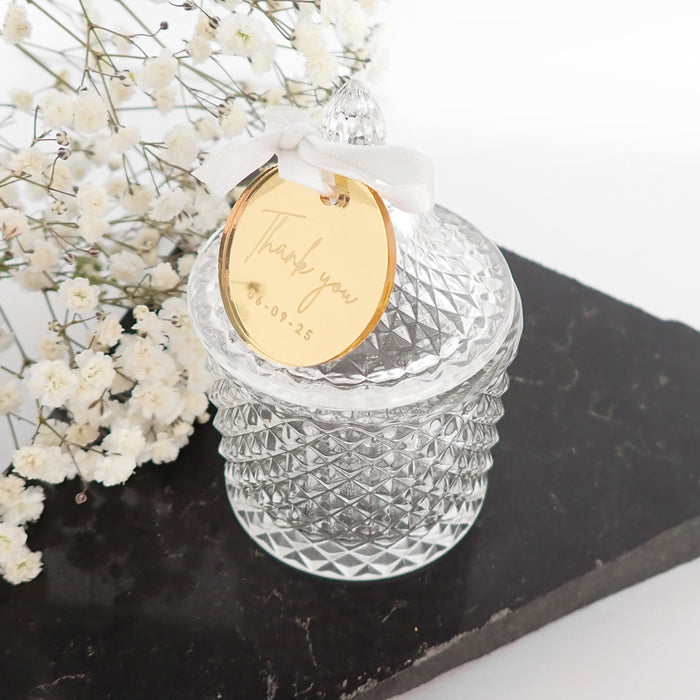 Customised Engraved Name Wedding Favour Crystal Jar with Round Mirror Gold Gift Tag
