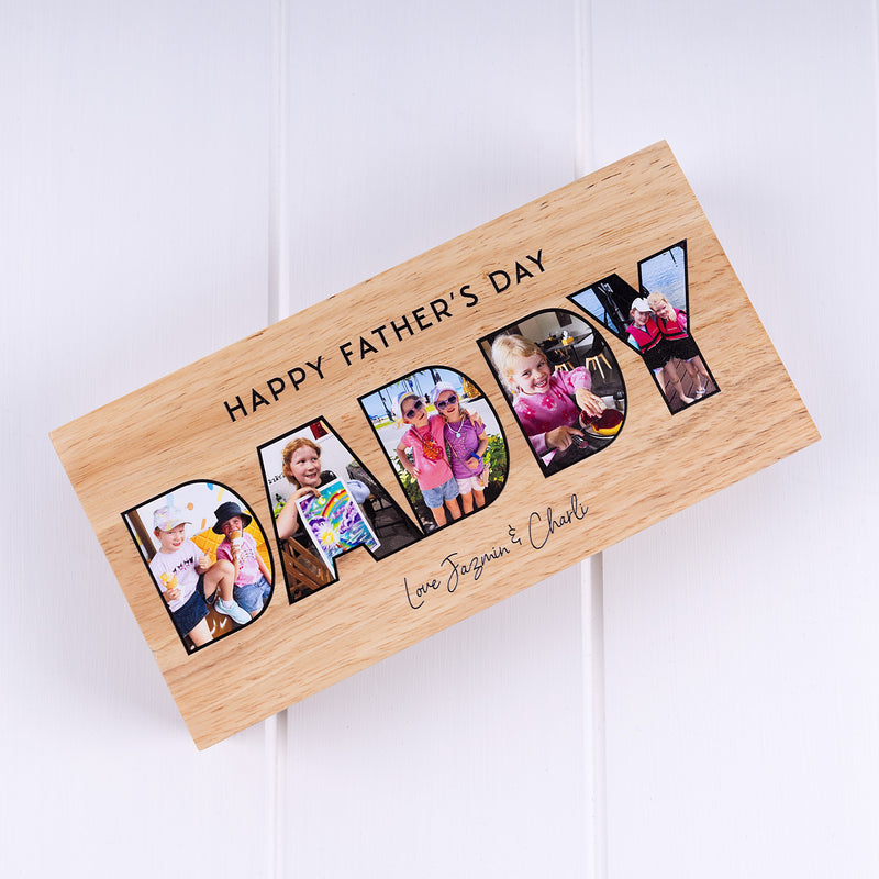 Custom Father's Day wooden photo block printed with five favourite family photos and a personalised design.