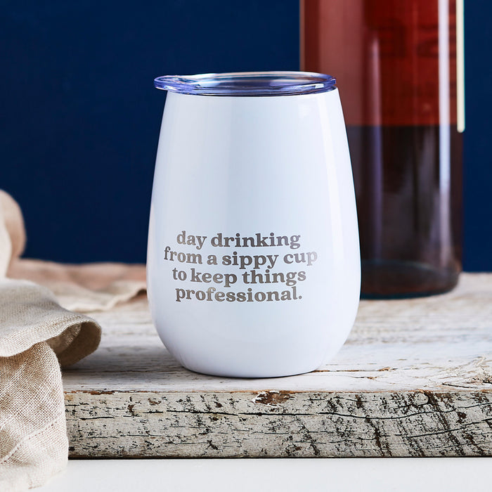 Engraved Wine Sipper Keep Cup – "Day Drinking from a Sippy Cup" Funny Gift