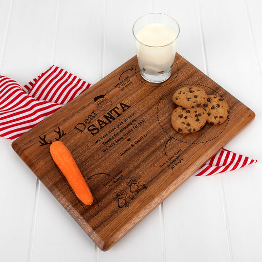 Personalised Walnut wood Santa treat board with engraved sections for milk, cookies, and reindeer carrots