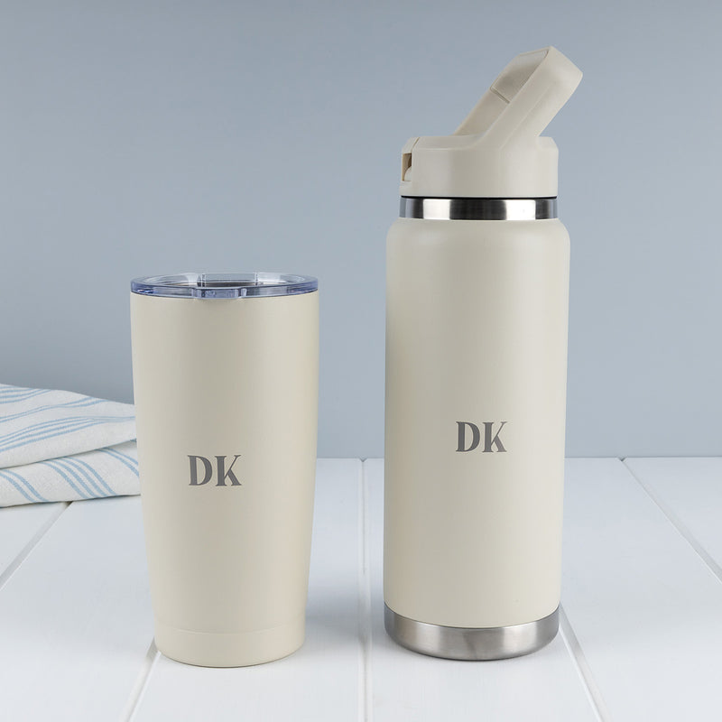 Stone personalised drinkware bundle with engraved 780ml water bottle and matching 590ml insulated tumbler.