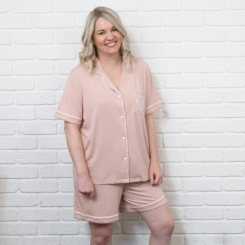 Customised Embroidered Monogrammed Dust Pink Short Sleeve Bamboo PJ Set