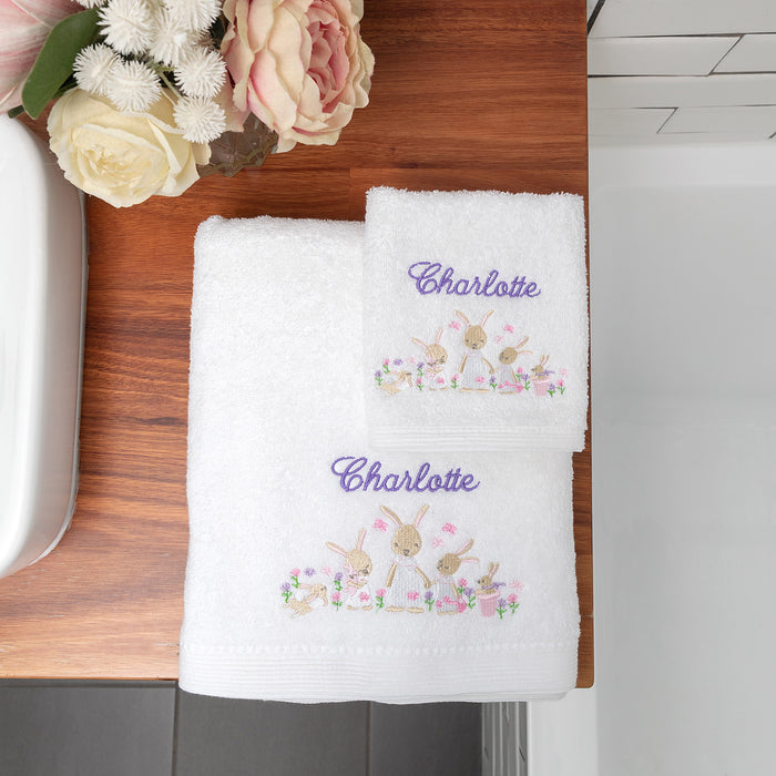 Custom Embroidered Child Name Bunny Garden Bath Towel and Face Washer Set