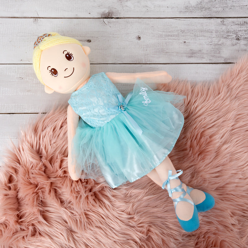 Custom name embroidered ballerina doll in blue with blonde bun and flower waist detail, ideal keepsake gift for little dancers