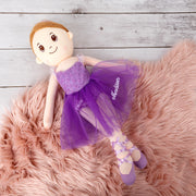 Custom embroidered ballerina plush doll in purple with neat bun and personalised tulle skirt for birthdays or special occasions