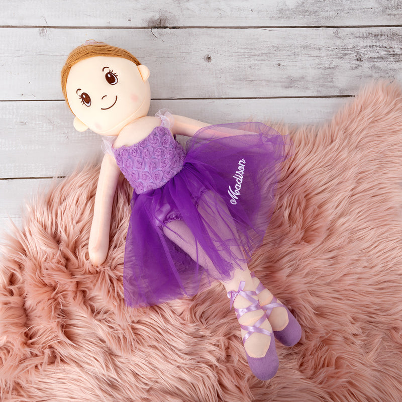Custom embroidered ballerina plush doll in purple with neat bun and personalised tulle skirt for birthdays or special occasions