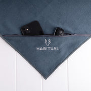 Steel blue microfibre gym towel with logo embroidery and zip pocket