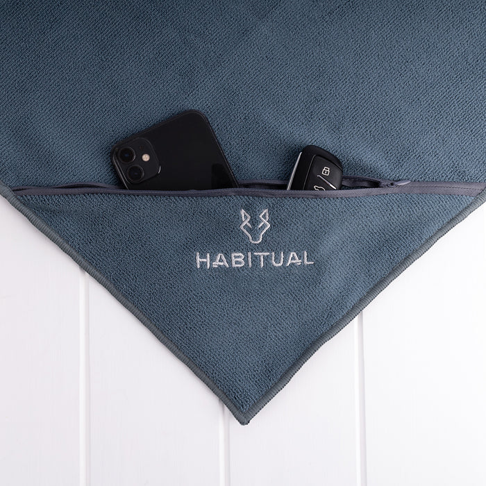 Steel blue microfibre gym towel with logo embroidery and zip pocket