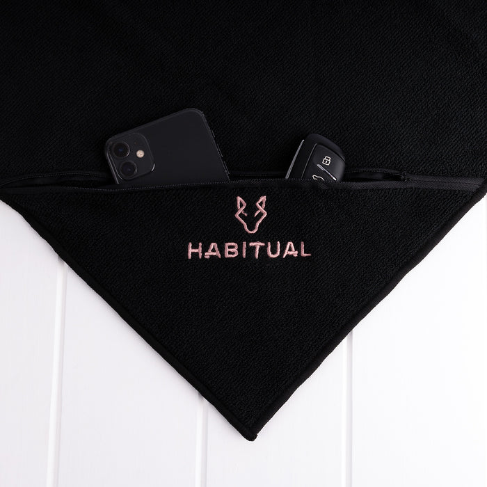 Black microfibre gym towel with embroidered logo and zip pocket