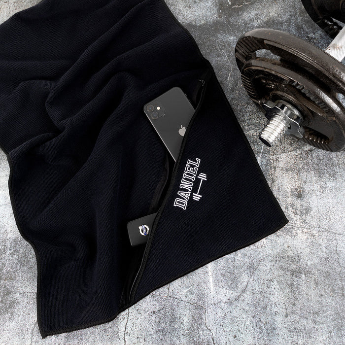 Embroidered Black Gym Towel with Zip Pocket