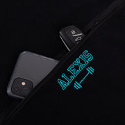 Black personalised gym towel with embroidered name and zip pocket