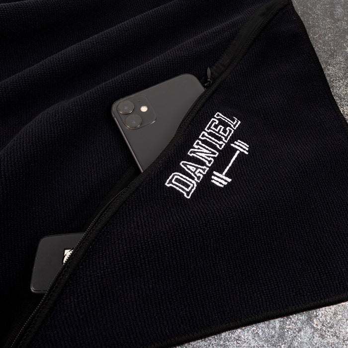 Embroidered Black Gym Towel with Zip Pocket Personalised Favours