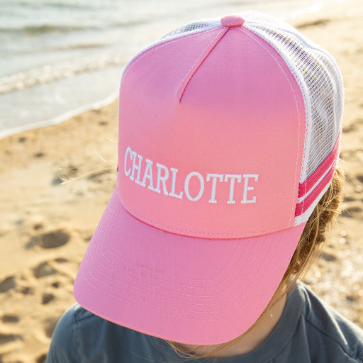 Personalisecd Embroidered Kids Striped Trucker Cap – Pink