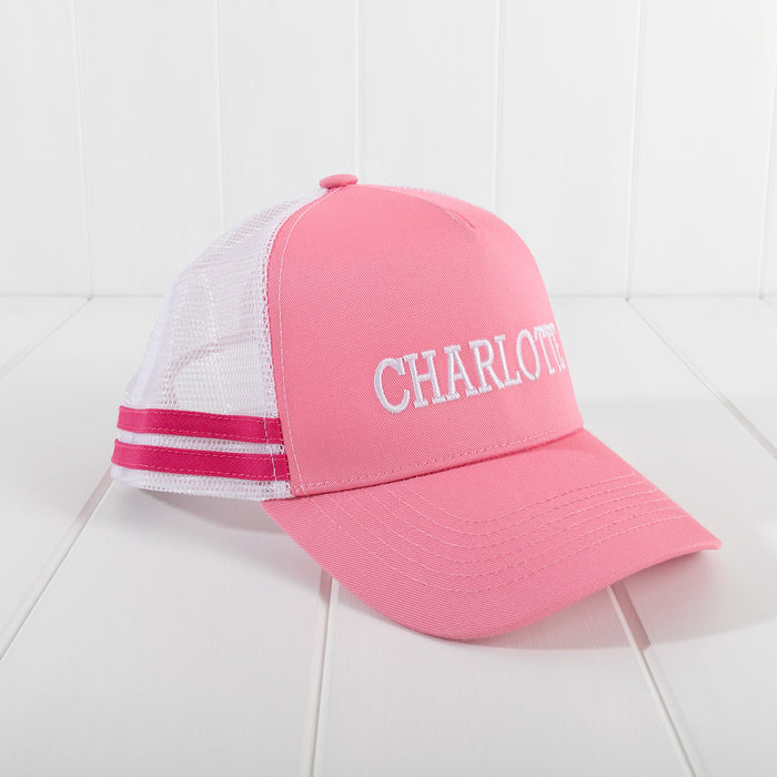 Custom Name Girls Children's Embroidered White and Pink Rucker Cap Hat