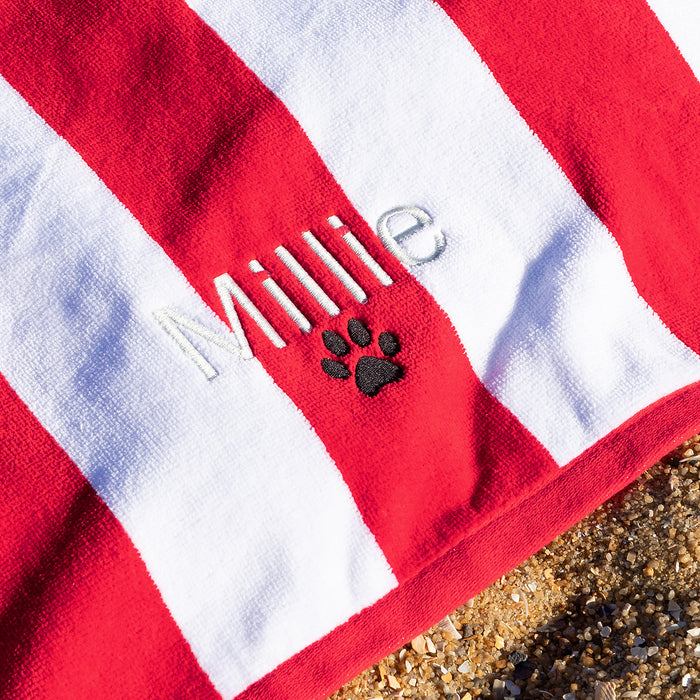 Customised Embroidered Name Red and White Striped Dog Large Beach Towel