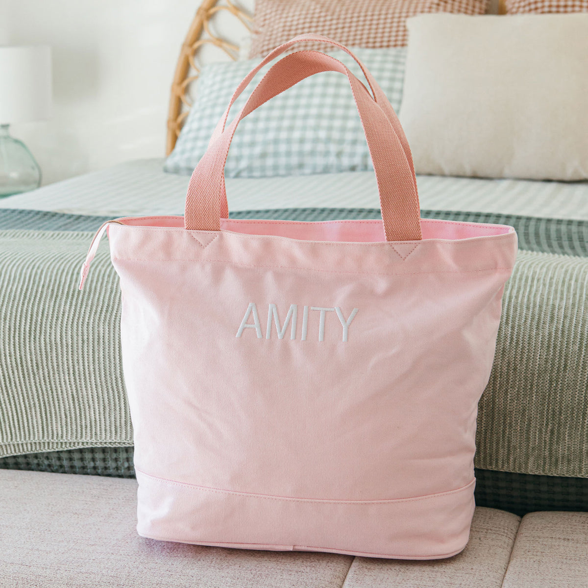 Embroidered Blush Pink Canvas Tote Bag Personalised Favours