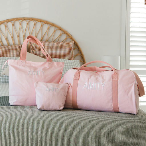 Personalised Embroidered Blush Pink Canvas 3 Piece Travel Bag Set
