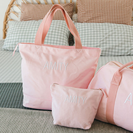 Customised Embroidered Name Initials Blush Pink Canvas 3 Piece Travel Bag Set