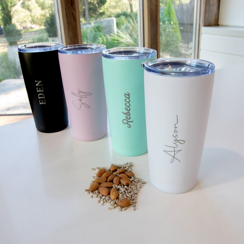 Personalised 590ml travel mug in rose colour, perfect gift for birthdays or Christmas