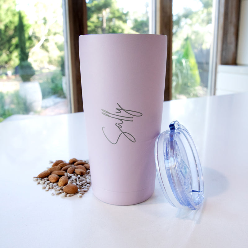 Personalised travel mugs in multiple colours, packaged in kraft gift box with optional gift wrap