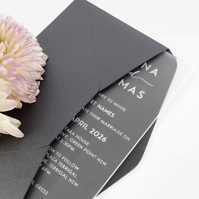 Custom Artwork Engraved Guest Names Bride and Groom Clear Acrylic Wedding Invitations