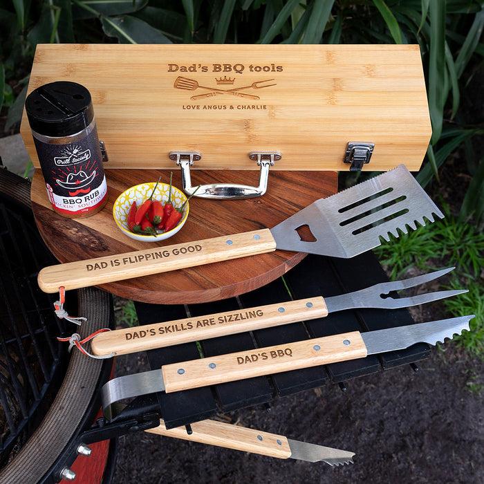 Customised Engraved 3 Piece BBQ Utensils Set with Engraved Wooden Carry Case Birthday Present