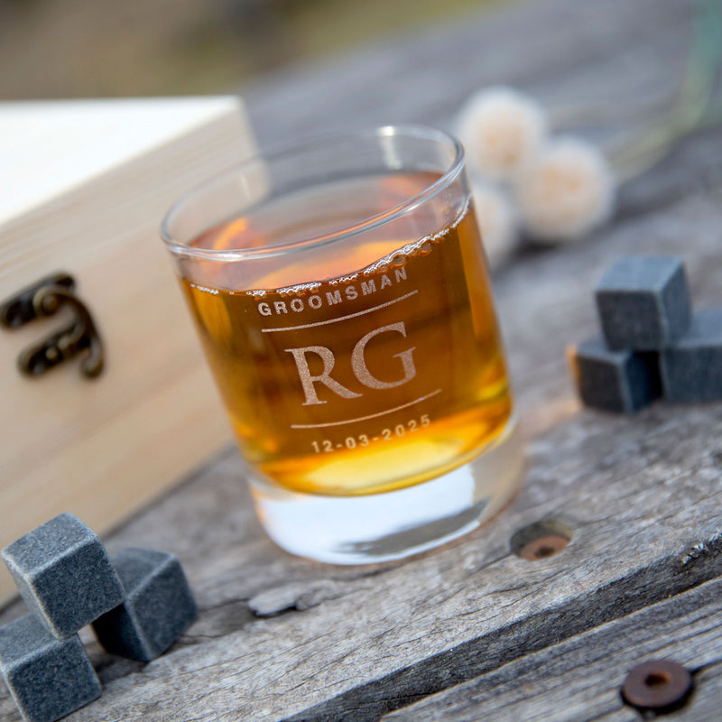 Custom Artwork Engraved Wooden Gift Boxed Best Man Whiskey Glass and Whiskey Stone Set Gift