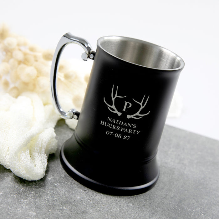 Custom metal beer stein with names or titles, presented in black gift box