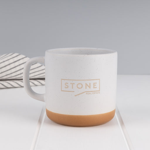 Personalised 360ml ceramic corporate coffee mug laser engraved with a company logo, featuring a rustic stoneware finish for everyday office use.