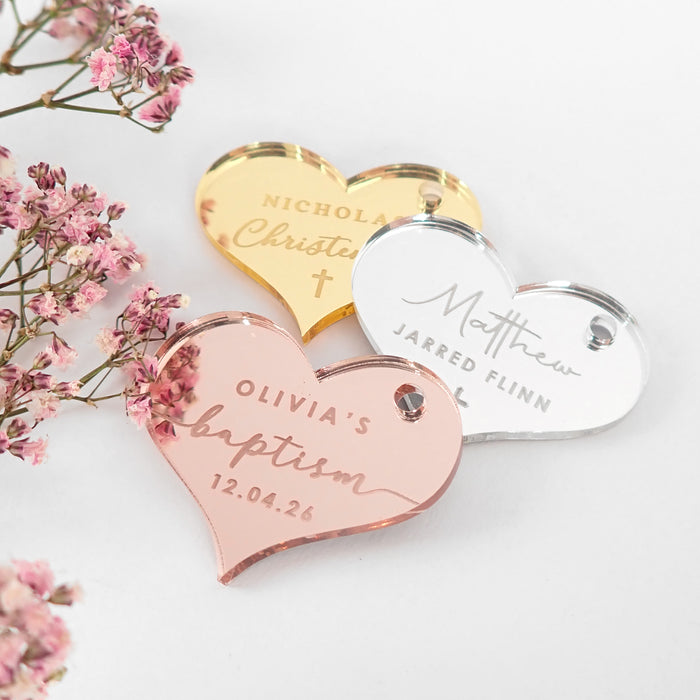Personalised Engraved Christening Baptism Naming Day Mirror Gold, Silver and Rose Gold Heart Gift Tag