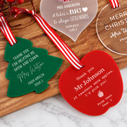 Personalised teacher Christmas gifts in heart, bauble, Christmas tree and apple acrylic designs.
