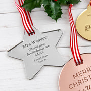 Personalised mirror acrylic Christmas decoration for teachers, custom engraved with name and thank you message.