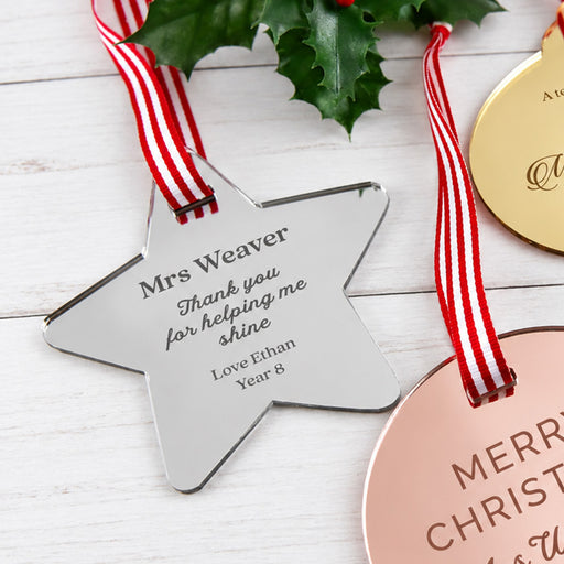 Personalised mirror acrylic Christmas decoration for teachers, custom engraved with name and thank you message.