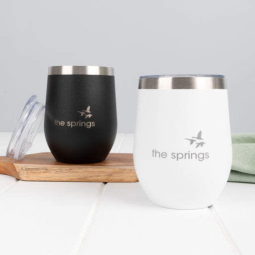 Engraved black or white keep cup with custom company logo in silver finish