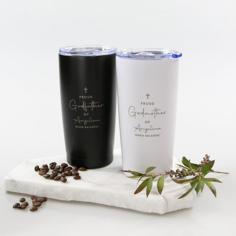 Personalised 590ml travel mug for godmother or godfather, engraved non-alcoholic gift idea
