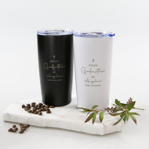Personalised 590ml travel mug for godmother or godfather, engraved non-alcoholic gift idea