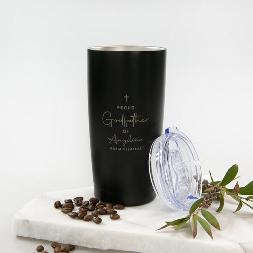 Custom engraved godparent travel mug with matte finish, ideal Christening thank you gift