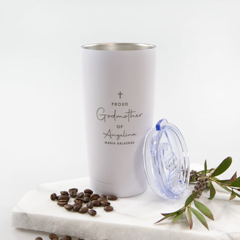 Insulated travel mug gift for godparents, keeps drinks hot or cold for 12 hours