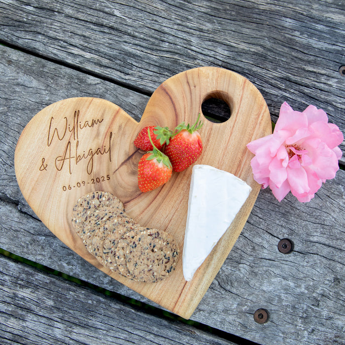 Acacia wood cheese board with engraved family tree motif